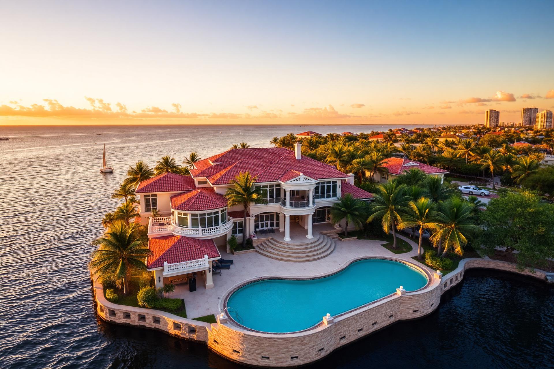 Luxury Miami waterfront estate inspected by Home Pro Miami home inspectors at sunset